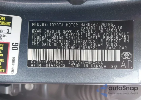 2018 Toyota Corolla Le from USA, damaged, VIN 2T1BURHE1JC068722